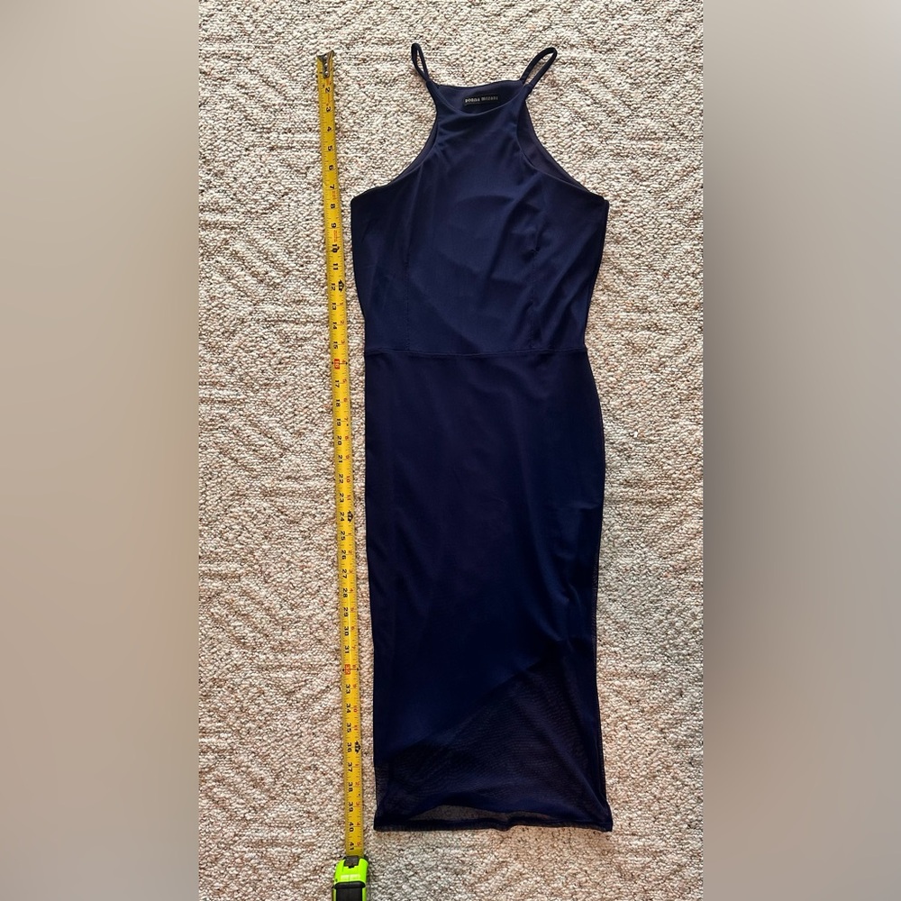 High neck, midi dress. Fitted sheer overlay, Deep blue color. Lightweight